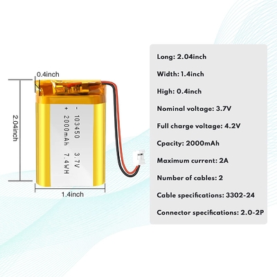 103450 Μπαταρία πολυμερών ιόντων λιθίου 3,7 V 57 g Επαναφορτιζόμενη μπαταρία ιόντων λιθίου 2000 mAh